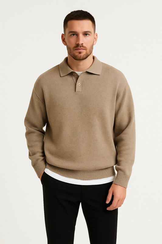Men’s Polo Sweater – Relaxed Fit – Buttoned Collar – Ribbed Hem and Cuffs
