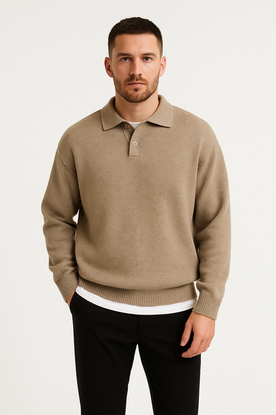 Men’s Polo Sweater – Relaxed Fit – Buttoned Collar – Ribbed Hem and Cuffs