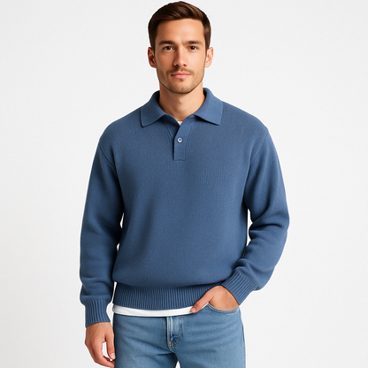 Men’s Polo Sweater – Relaxed Fit – Buttoned Collar – Ribbed Hem and Cuffs