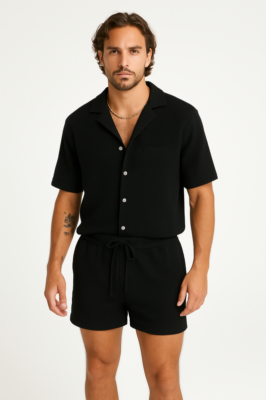 Men’s Outfit Set – Textured Button-Up Shirt and Drawstring Shorts – Relaxed Fit Breathable