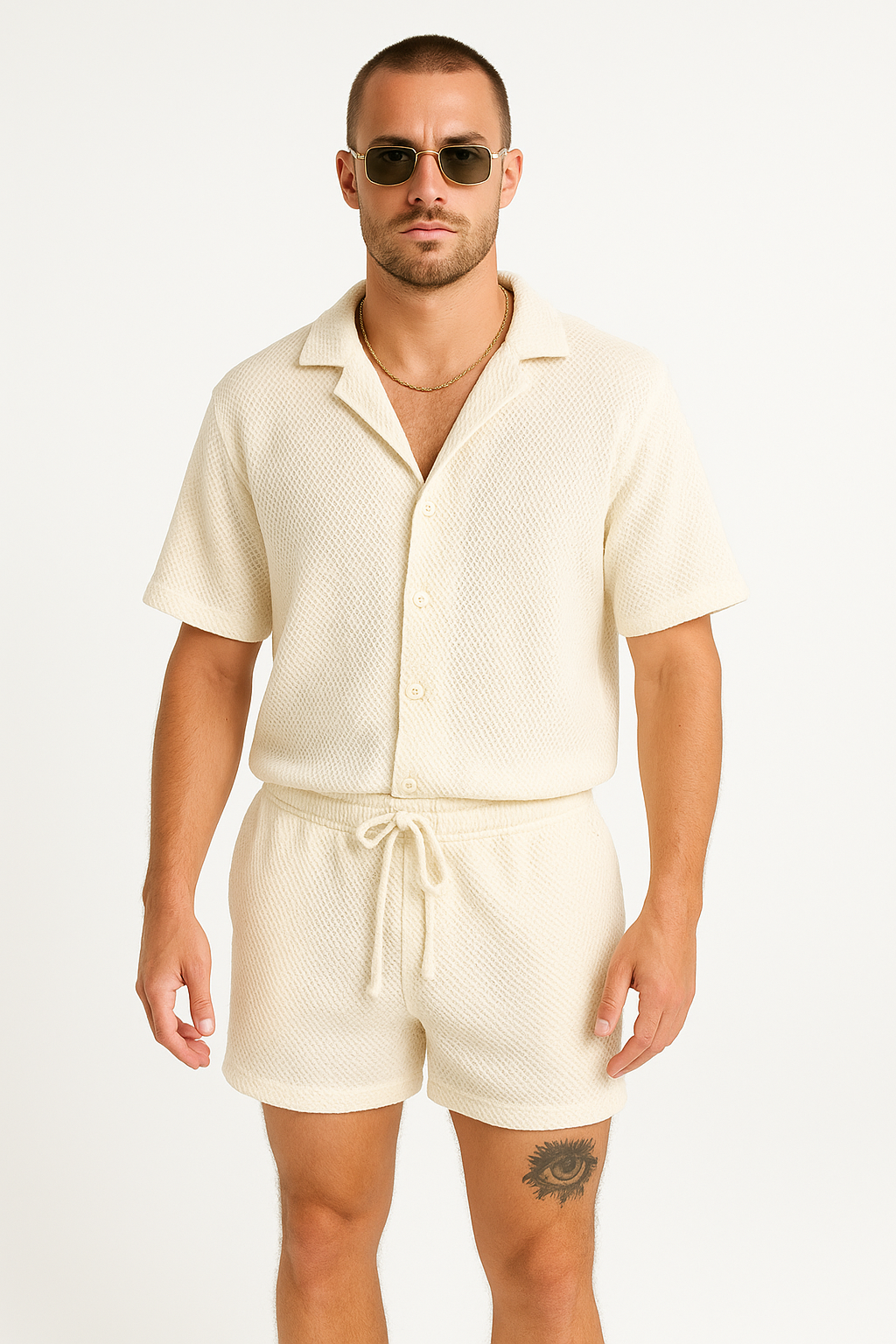 Men’s Outfit Set – Textured Button-Up Shirt and Drawstring Shorts – Relaxed Fit Breathable