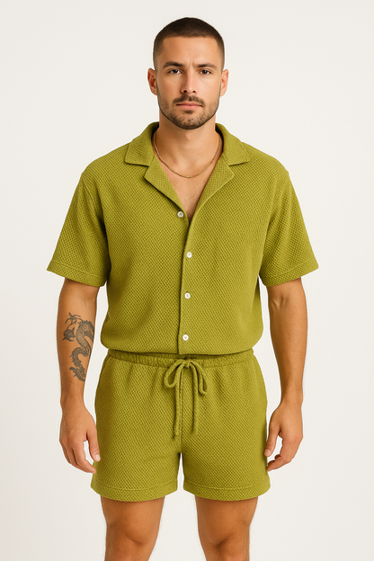 Men’s Outfit Set – Textured Button-Up Shirt and Drawstring Shorts – Relaxed Fit Breathable