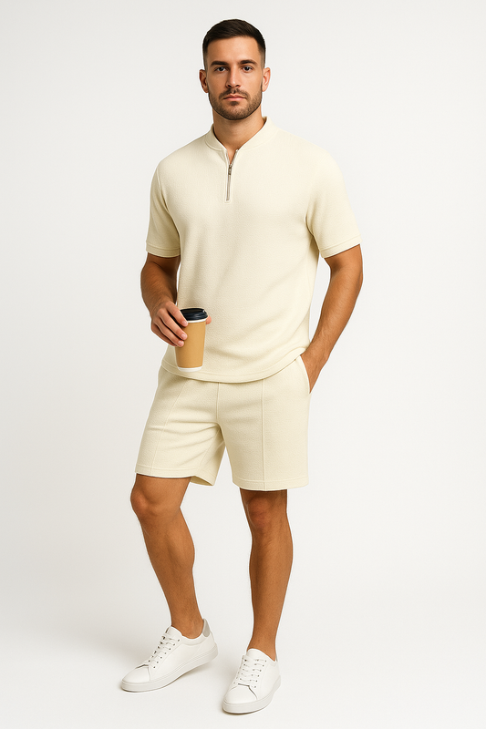 Men’s Zip-Up Top and Shorts Set – Waffle Knit – Relaxed Fit – Breathable Casual Wear