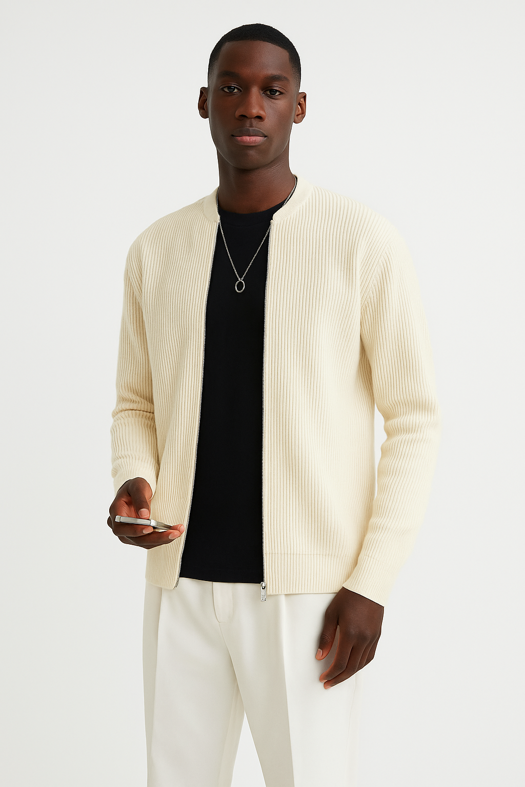 Men’s Cardigan – Ribbed Knit – Double Zipper – Relaxed Fit – Long Sleeve Layer