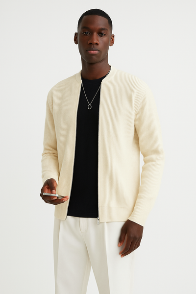 Men’s Cardigan – Ribbed Knit – Double Zipper – Relaxed Fit – Long Sleeve Layer
