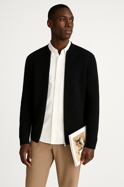 Men’s Cardigan – Ribbed Knit – Double Zipper – Relaxed Fit – Long Sleeve Layer