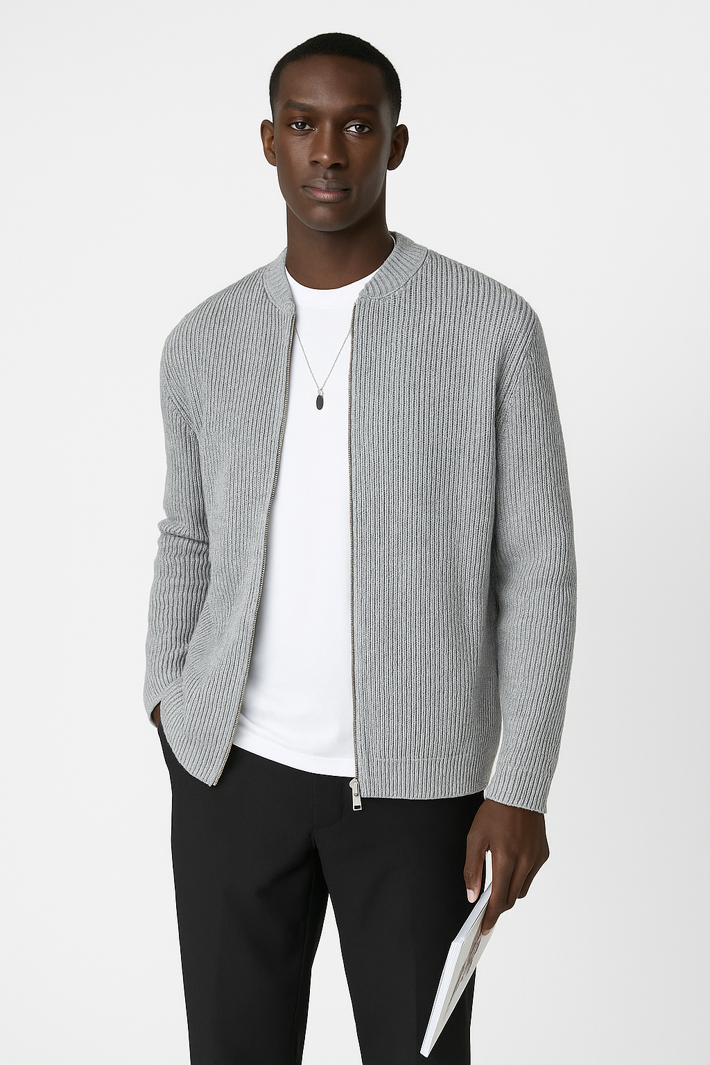 Men’s Cardigan – Ribbed Knit – Double Zipper – Relaxed Fit – Long Sleeve Layer