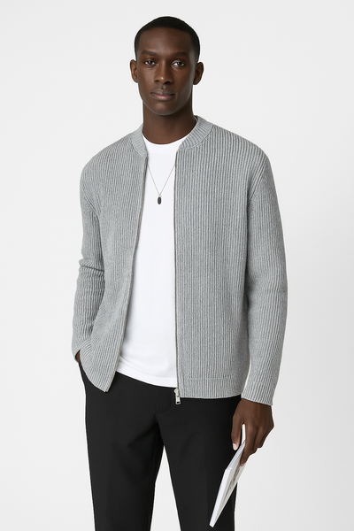 Men’s Cardigan – Ribbed Knit – Double Zipper – Relaxed Fit – Long Sleeve Layer