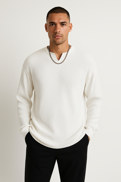 Men’s Long Sleeve T-Shirt – Ribbed Knit – Relaxed Fit – V-Neck Base Layer