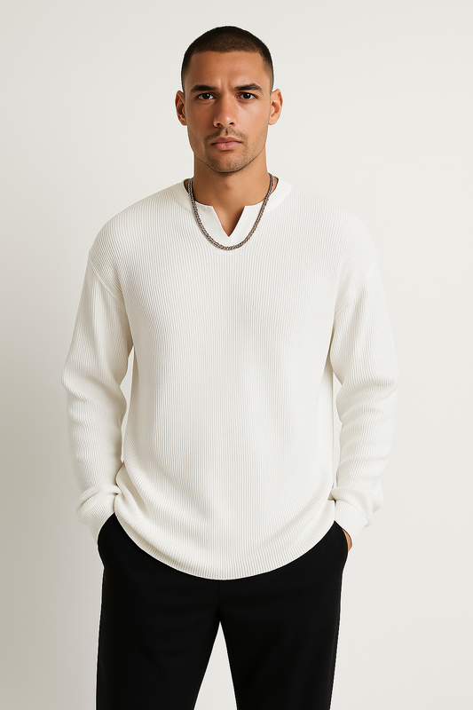 Men’s Long Sleeve T-Shirt – Ribbed Knit – Relaxed Fit – V-Neck Base Layer