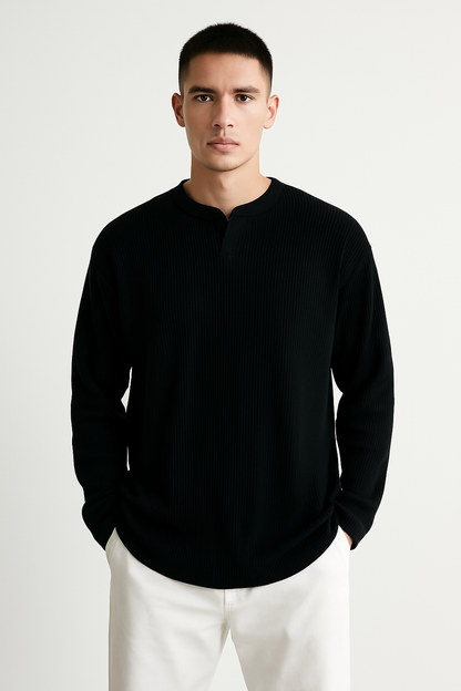 Men’s Long Sleeve T-Shirt – Ribbed Knit – Relaxed Fit – V-Neck Base Layer