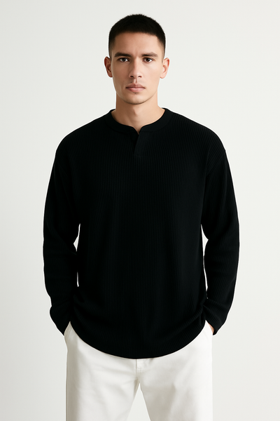 Men’s Long Sleeve T-Shirt – Ribbed Knit – Relaxed Fit – V-Neck Base Layer