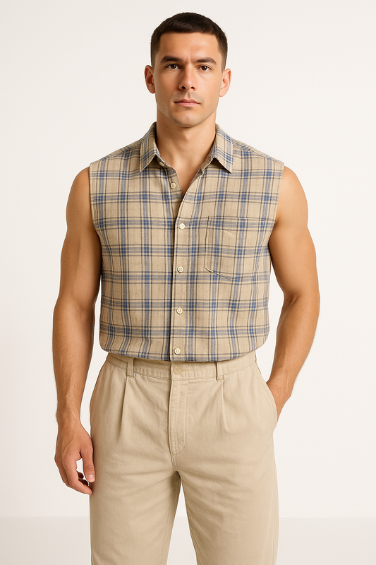 Men’s Sleeveless Shirt – Loose Fit – Button-Down Plaid – Lightweight Cotton Casual