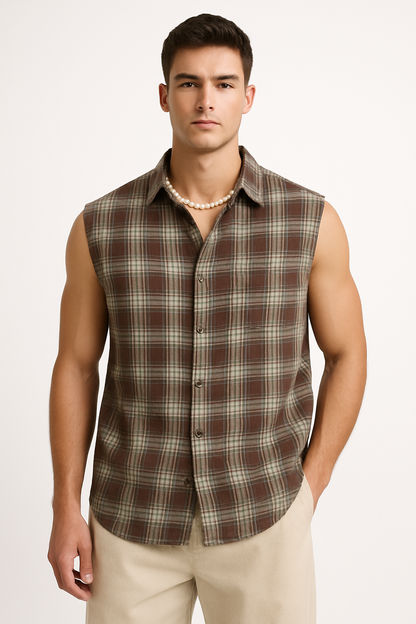 Men’s Sleeveless Shirt – Loose Fit – Button-Down Plaid – Lightweight Cotton Casual