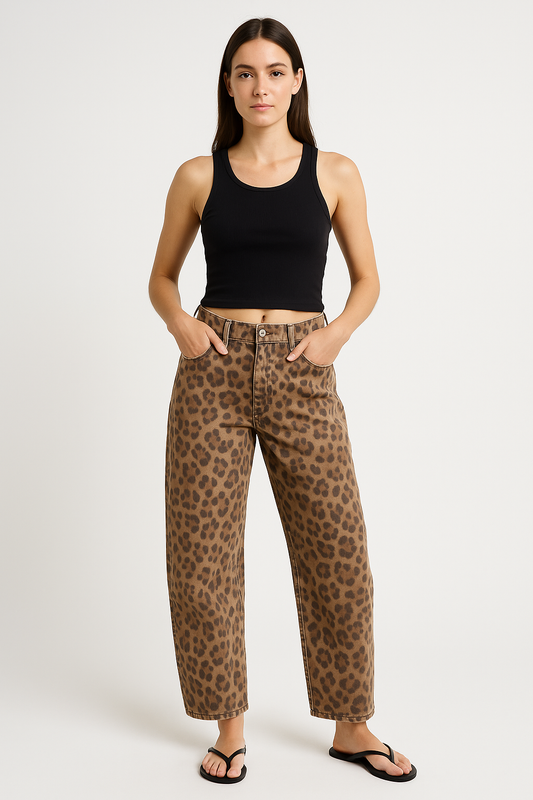 Women’s Barrel-Leg Jeans – Relaxed Fit – Full Length – Animal Print Denim Casual Wear