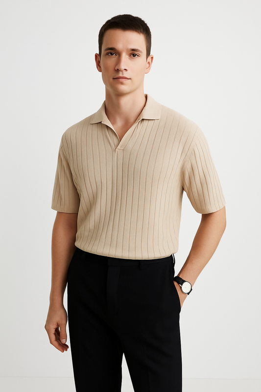 Men’s Polo Shirt – Ribbed Knit Cotton Blend – Standard Fit – Short Sleeve Casual Wear