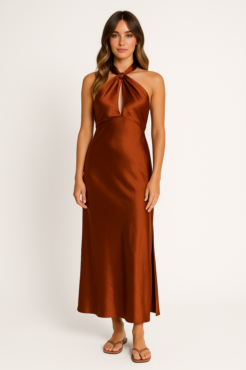 Women’s Halter Dress – Satin – Fitted Waist – Front Slit – Full Length – Cut-Out Detail