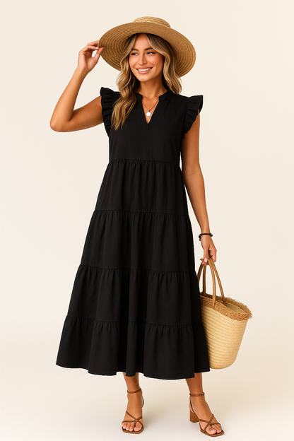 Women’s Midi Dress – V-Neck – Tiered Ruffle – Relaxed Fit – Short Sleeve