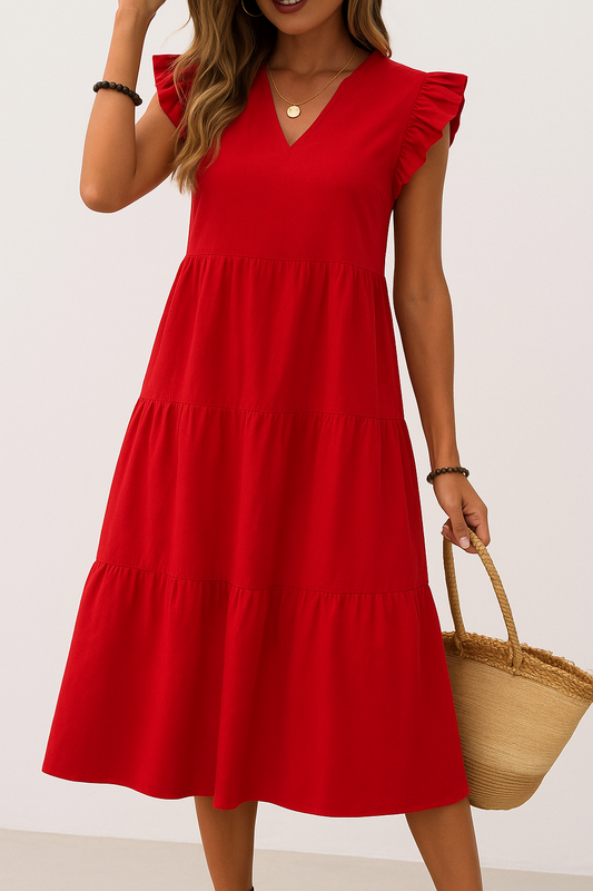 Women’s Midi Dress – V-Neck – Tiered Ruffle – Relaxed Fit – Short Sleeve