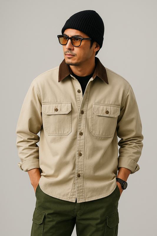 Men’s Workwear Jacket – Loose Fit – Durable Canvas – Utility Pockets – Button Front