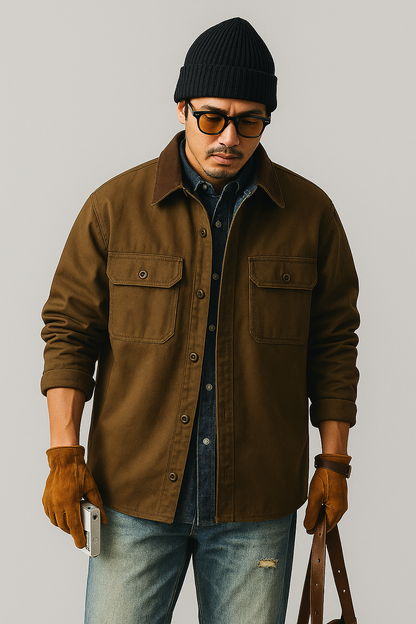 Men’s Workwear Jacket – Loose Fit – Durable Canvas – Utility Pockets – Button Front
