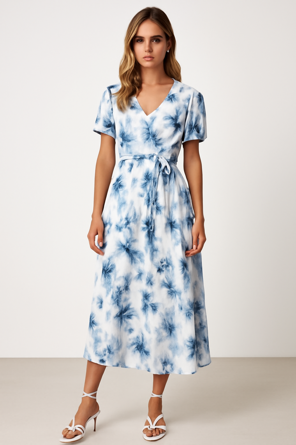 Women’s Midi Dress – V-Neck – Puff Sleeve – Fitted Waist – Lightweight Flared Fit