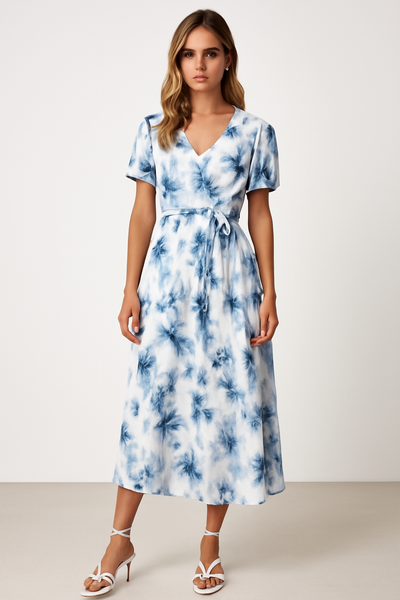 Women’s Midi Dress – V-Neck – Puff Sleeve – Fitted Waist – Lightweight Flared Fit