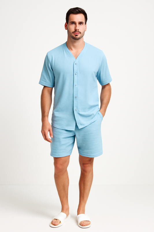 Men’s Two-Piece Set – V-Neck Button Shirt – Relaxed Fit Shorts – Breathable Cotton