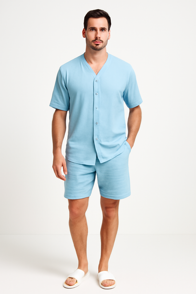 Men’s Two-Piece Set – V-Neck Button Shirt – Relaxed Fit Shorts – Breathable Cotton