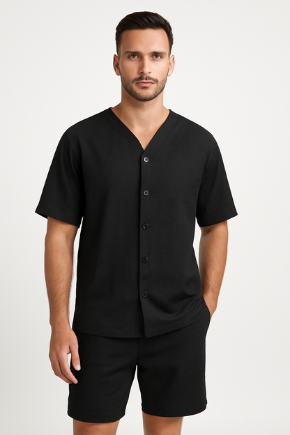 Men’s Two-Piece Set – V-Neck Button Shirt – Relaxed Fit Shorts – Breathable Cotton