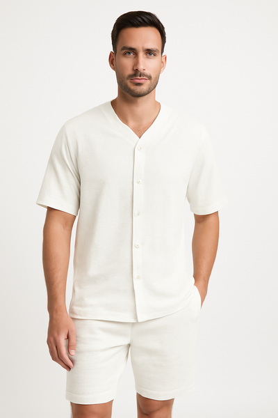Men’s Two-Piece Set – V-Neck Button Shirt – Relaxed Fit Shorts – Breathable Cotton