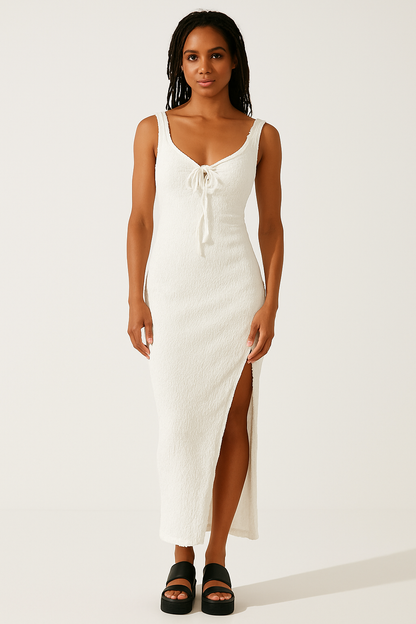 Women’s Maxi Dress – Slim Fit – Textured Fabric – Open Back – Tie Front – Side Slit