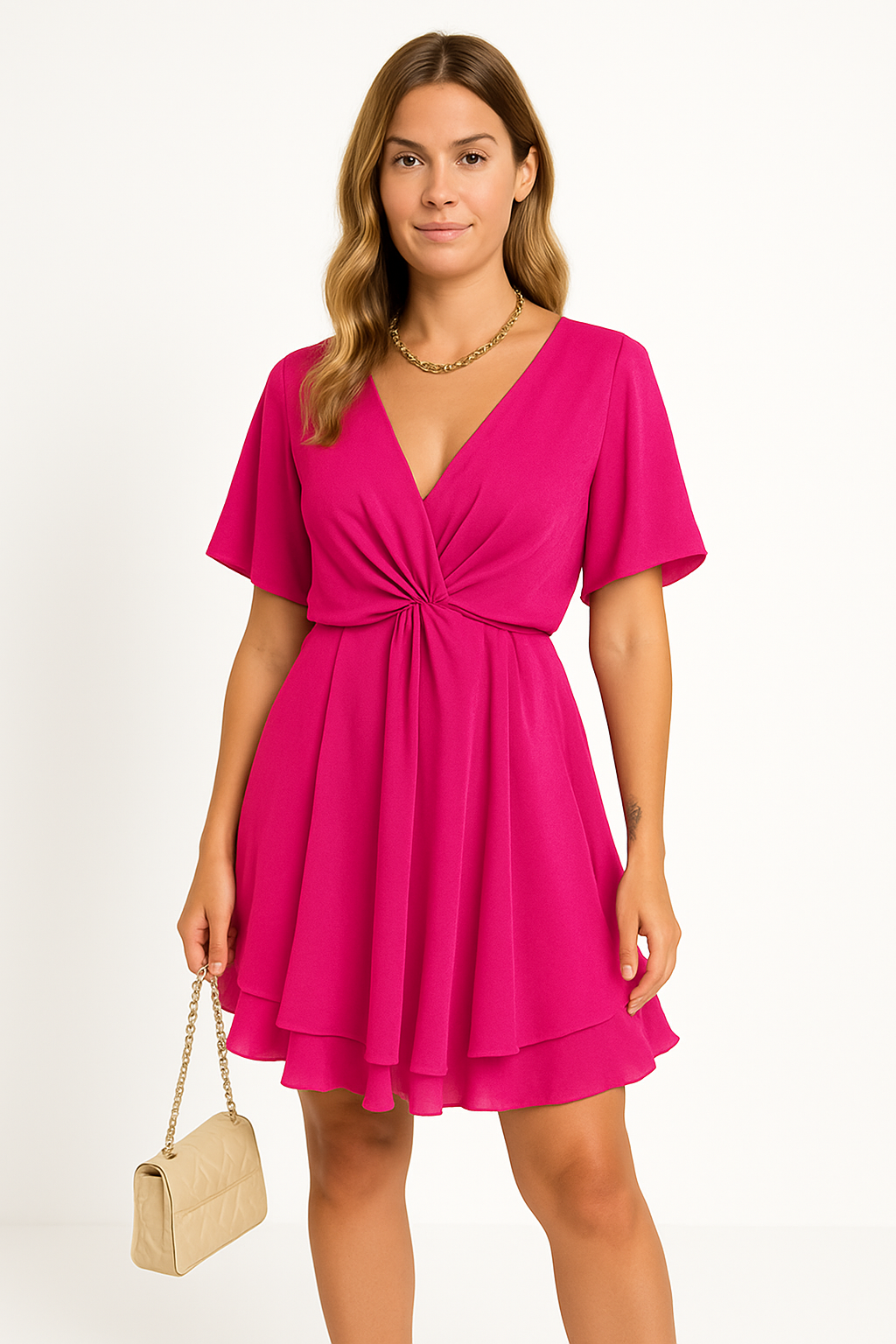 Women’s Dress – Relaxed Fit – Batwing Sleeves – Twist Knot Waist – Asymmetrical Hem