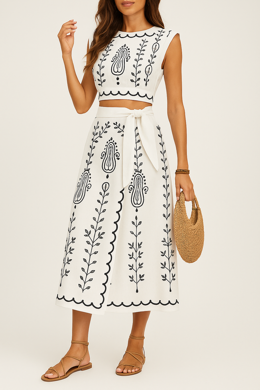 Women’s Two-Piece Set – Sleeveless Crop Top & Wrap Midi Skirt – Cotton Linen Blend