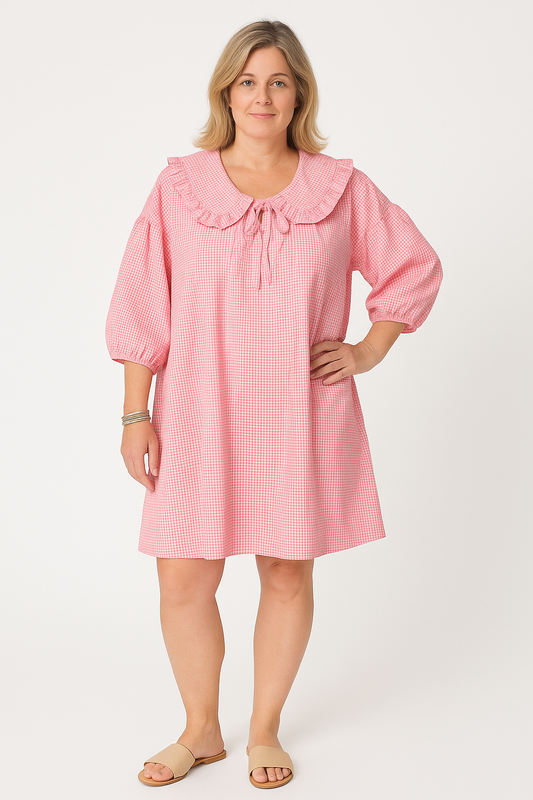Women’s A-Line Dress – Cotton Lightweight – Ruffled Collar – Balloon Sleeve – Checkered