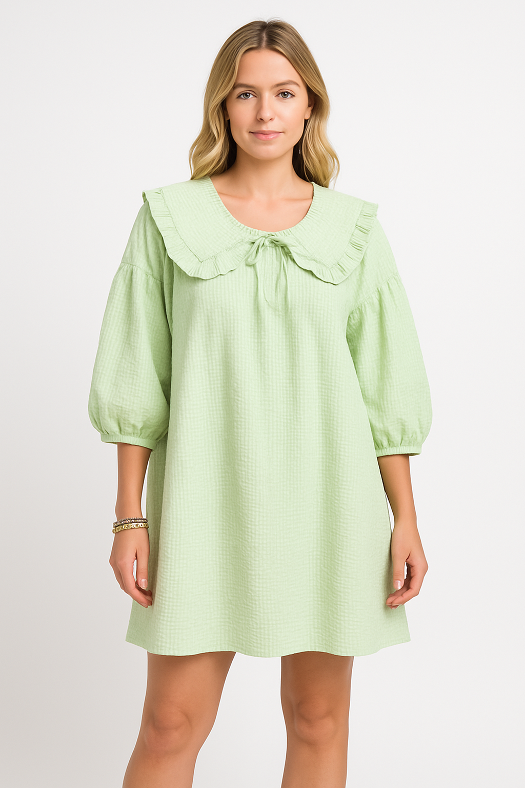 Women’s A-Line Dress – Cotton Lightweight – Ruffled Collar – Balloon Sleeve – Checkered