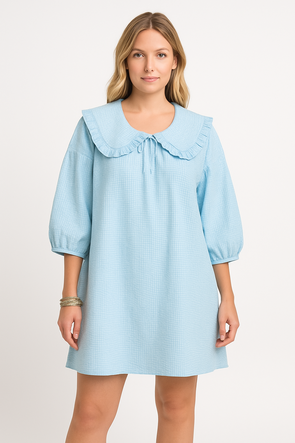 Women’s A-Line Dress – Cotton Lightweight – Ruffled Collar – Balloon Sleeve – Checkered