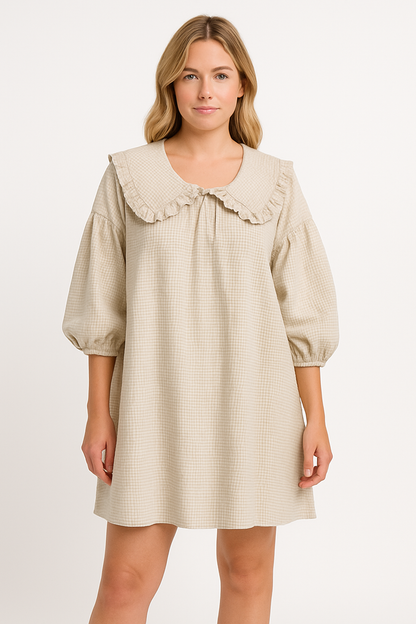 Women’s A-Line Dress – Cotton Lightweight – Ruffled Collar – Balloon Sleeve – Checkered