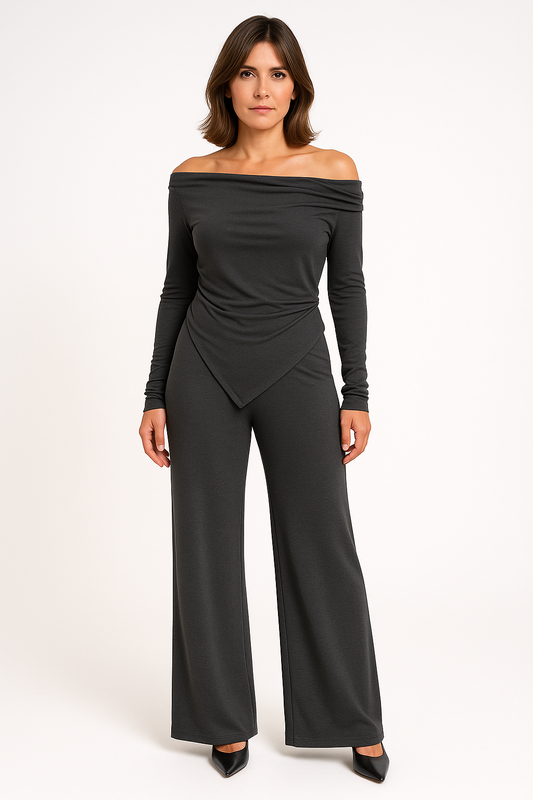 Women’s Knit Set – Off-Shoulder Slim Top – Asymmetrical Hem – Wide-Leg Trousers