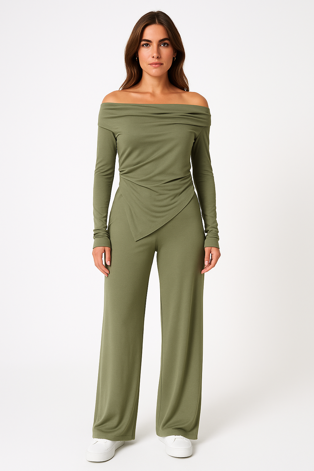 Women’s Knit Set – Off-Shoulder Slim Top – Asymmetrical Hem – Wide-Leg Trousers