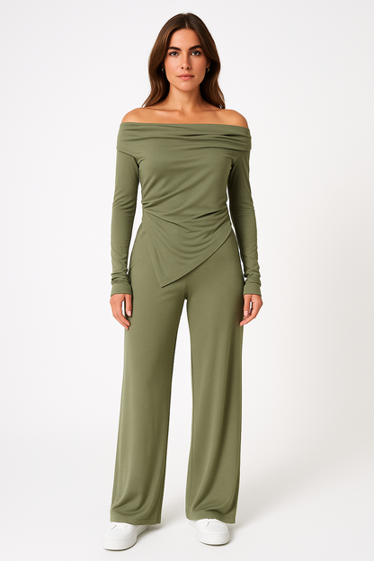 Women’s Knit Set – Off-Shoulder Slim Top – Asymmetrical Hem – Wide-Leg Trousers