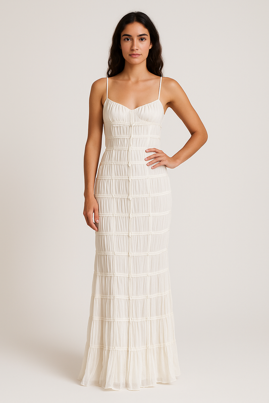 Women’s Evening Dress – Chiffon Feel – Spaghetti Straps – Ruched Bodice – Draped Skirt