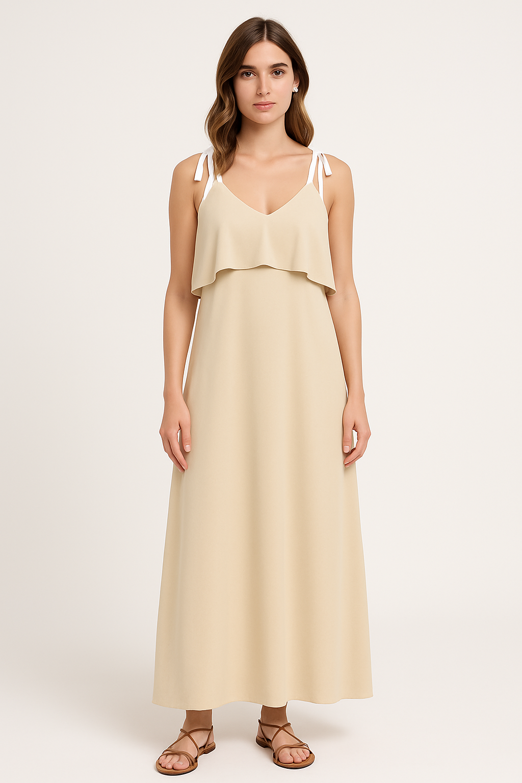 Women’s Sleeveless Dress – Tie Strap – Ruffle Bust – Loose Fit – Full Length Casual Wear