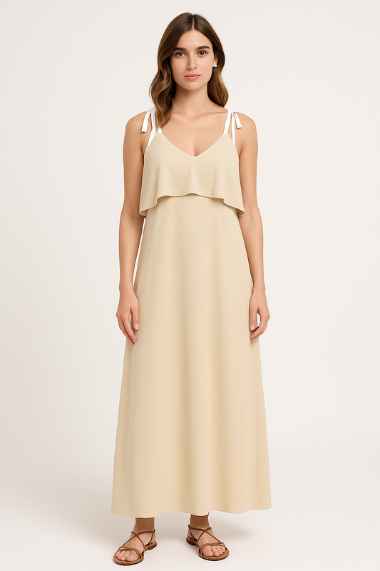 Women’s Sleeveless Dress – Tie Strap – Ruffle Bust – Loose Fit – Full Length Casual Wear