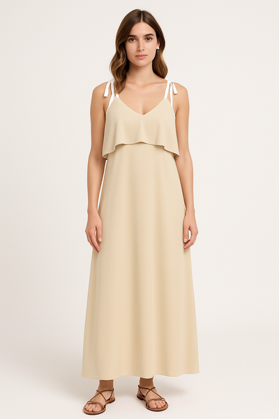 Women’s Sleeveless Dress – Tie Strap – Ruffle Bust – Loose Fit – Full Length Casual Wear