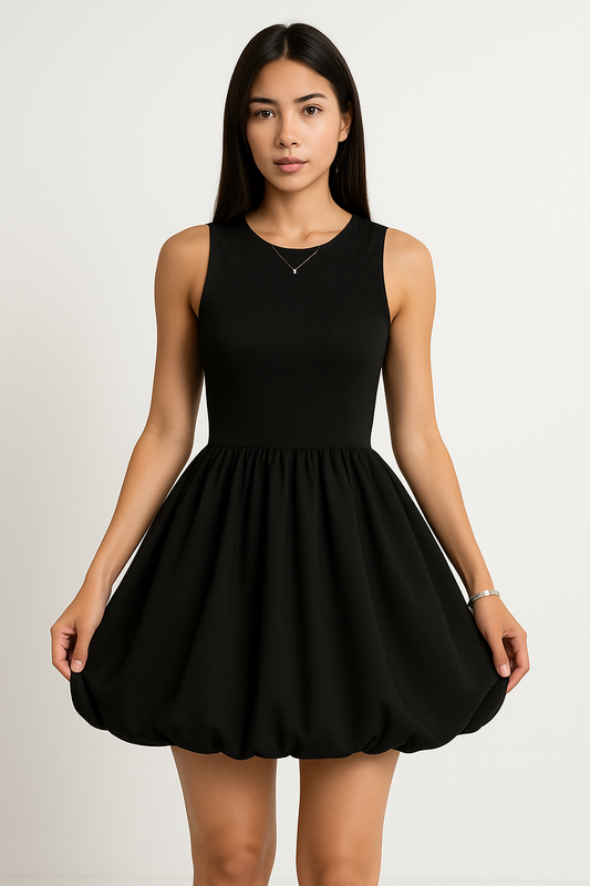 Women’s Mini Dress – Sleeveless Fitted Bodice – Bubble Hem – Round Neck – Flared Skirt