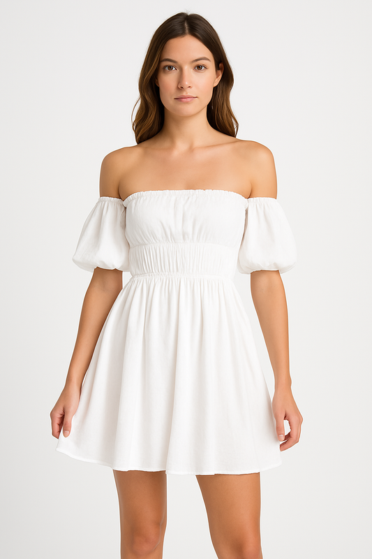 Women’s Mini Dress – Off-Shoulder Puff Sleeve – Flared A-Line – Elastic Waist