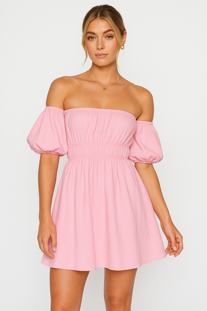 Women’s Mini Dress – Off-Shoulder Puff Sleeve – Flared A-Line – Elastic Waist