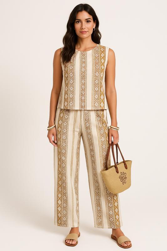 Women’s Sleeveless Top and Wide-Leg Pants Set – Cotton Linen Blend – Relaxed Fit – Geometric Print