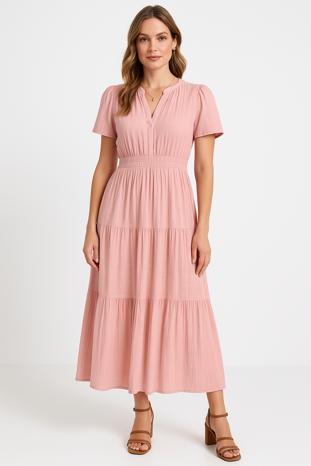 Women’s Maxi Dress – V-Neck – Puff Sleeve – Ruched Waist – Tiered A-Line Fit